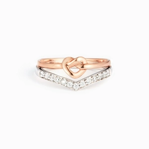 S925 silver stacking ring set featuring rose gold heart knot and V-shaped crystal band