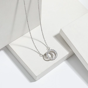 S925 sterling silver interlocking double circle pendant necklace on geometric stone base