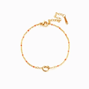 Bracelet en Argent Sterling 925 pour Femmes Plaqué Or Design Nœud de l'Unité Perles Rouges en Émail Chaîne Réglable Bijoux