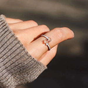 Bague double rose élégante en argent S925 bicolore avec pavé de zircons brillants