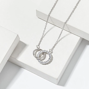 925 Sterling Silver Double Ring Interlocking Necklace For Women Geometric Dainty Rhinestone Pendant Necklaces Fashion Jewelry