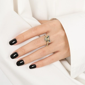 Minimalist S925 sterling silver cat ring with gold glasses and chains for women