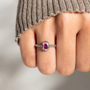 Bague en argent sterling S925 avec pierre aurore ovale et anneau perlé torsadé