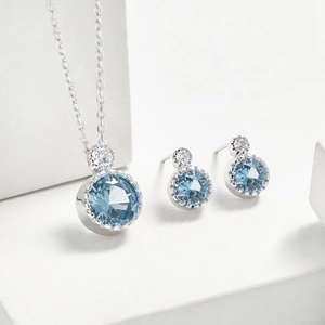 Collier Pendentif en Argent Sterling 925 Zirconia Bleu Boucles d'Oreilles Clous Géométrique Simple Bijoux de Mode Femme