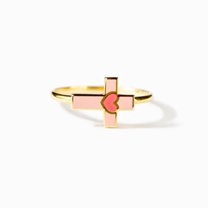 Minimalist S925 silver gold cross ring with pink enamel and red heart centerpiece