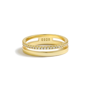 Detailed macro view of S925 sterling silver stamp on golden double layer zircon ring