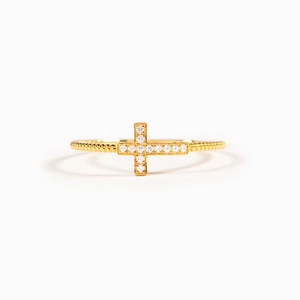 Bague croix en argent sterling S925 plaqué or avec anneau torsadé et pavé de zircons