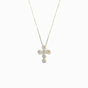 S925 Sterling silver cross necklace with two-tone daisy flowers on a fine silver chain