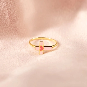 S925 Sterling Silver Cross Enamel Ring For Women Minimalist Fashion Pink Heart Geometric Finger Ring Commuter Jewelry Gift