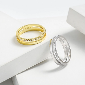 925 Sterling Silver Double Layer Rhinestone Ring For Women Simple Fashion Geometric Line Finger Ring Jewelry Birthday Gift