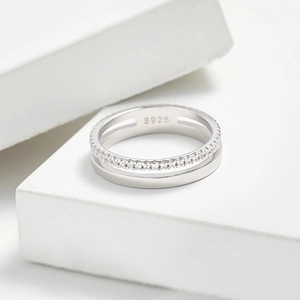 Double-layer S925 sterling silver ring with cubic zirconia stones on white stone base