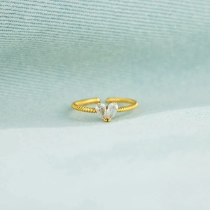 925 Sterling Silver Heart Open Ring For Women Gold Plated Adjustable Twisted Rope Design Rhinestone Pear Stone Finger Ring