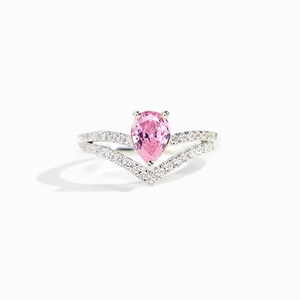S925 sterling silver chevron ring with pink pear-shaped cubic zirconia gemstone