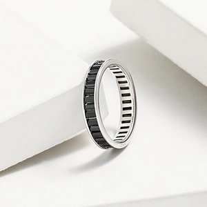 Minimalist S925 sterling silver ring with rectangular black zircon stones in a full band