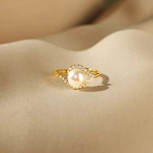 925 Sterling Silver Artificial Pearl Ring For Women Gold Plated Adjustable Bypass S-Shape Rhinestone Eye Fashion Jewelry