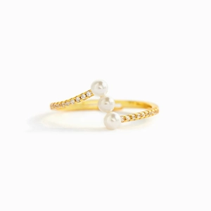 Minimalist S925 sterling silver gold-plated open ring with white pearls and zirconia accents