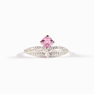 S925 sterling silver crown ring with pink princess cut stone and pear-shaped accents