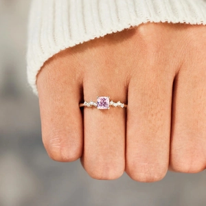Elegant s925 silver rose gold ring featuring a square pink gemstone and white diamonds