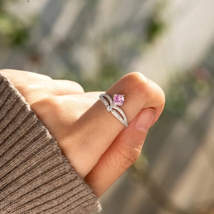 925 sterling silver double-layer crown ring with pink cushion-cut stone on finger