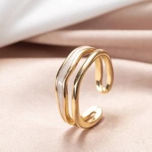 S925 Argent Sterling Double Couche Émail Bague Ouverte pour Femmes Minimaliste Ligne de Vague Réglable Or Bague Mode Bijoux