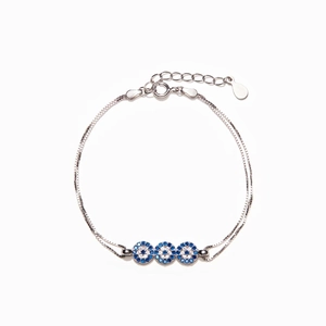 Bracciale Occhio del Diavolo in Argento S925 con tre ciondoli circolari pavé blu