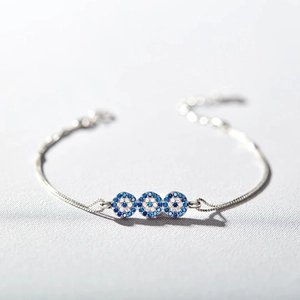 Braccialetto Occhio del Male in Argento Sterling 925 per Donna Placcato Oro Bianco Triplo Tondo Strass Intarsiato Gioielli
