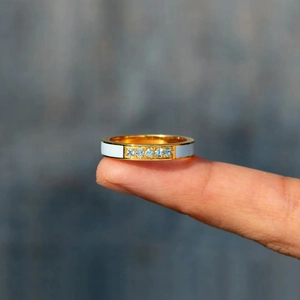 Modern s925 silver gold plated ring with white enamel and blue round cubic zirconia