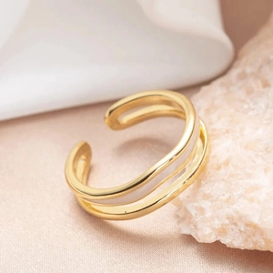 Bague ouverte double couche en argent S925 avec émail blanc et finition dorée