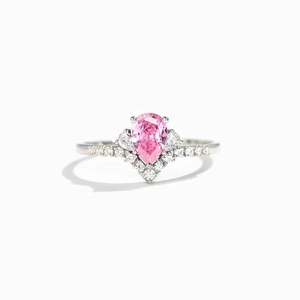 Elegant S925 sterling silver pear cut pink gemstone ring with halo diamond accents