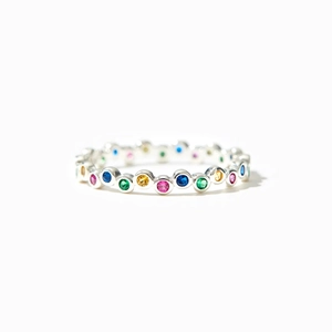 Elegant s925 sterling silver ring featuring a row of vibrant rainbow colored gemstones