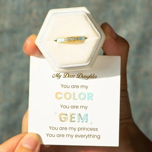 Golden S925 silver ring with blue zircons and enamel in a gift box with message card