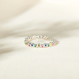 925 Sterling Silver Rainbow Colorful Rhinestone Eternity Ring For Women Minimalist Simple Fashion Ins Style Stackable Band Jewelry