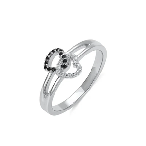 Bague en argent S925 avec double cœurs entrelacés en zircons noirs et blancs