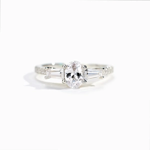 Classic S925 sterling silver ring with oval-cut center stone and baguette side accents