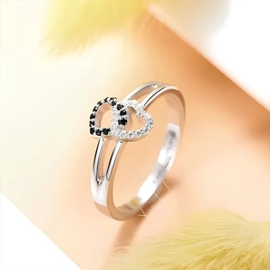 Bague Double Cœur Entrelacée en Argent Sterling 925 pour Femme avec Zirconia Noir et Blanc Incrusté Bijoux de Mode