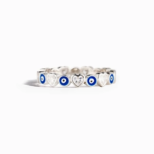 925 Sterling Silver Evil Eye Enamel Ring For Women Heart Rhinestone Inlaid Fashion Jewelry Band Ring Wedding Party Accessory