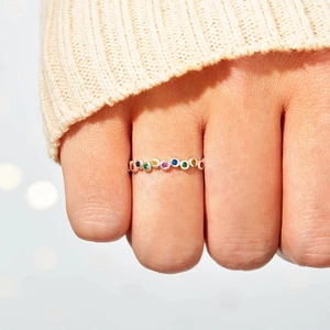 Rainbow eternity ring in S925 sterling silver with colorful round gemstones on hand
