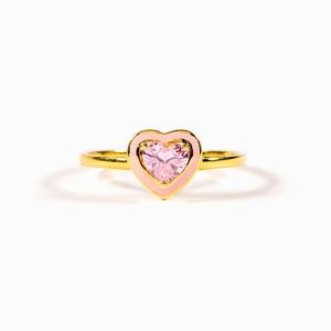 Elegant gold plated s925 silver heart ring with pink enamel and sparkling zircon stone