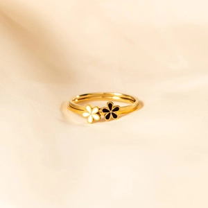 925 Sterling Silver Small Flower Enamel Ring For Women Minimalist Black White Epoxy Gold Plated Fashion Jewelry Finger Ring