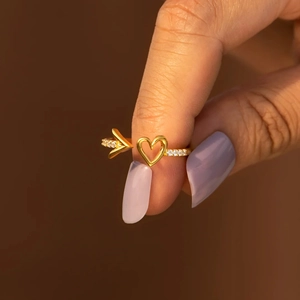 Elegant gold S925 sterling silver open ring featuring a crystal heart and arrow design