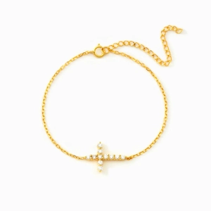 Elegant gold plated S925 sterling silver cross bracelet with sparkling zircon stones