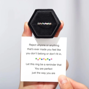 Rainbow gemstone s925 silver ring in a black velvet gift box with a greeting card