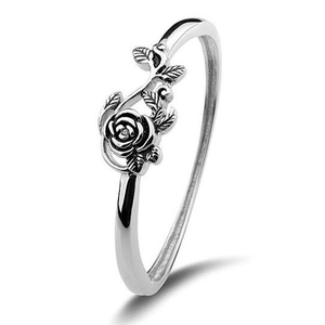 Minimalist S925 sterling silver rose and leaf ring with vintage oxidized finish details