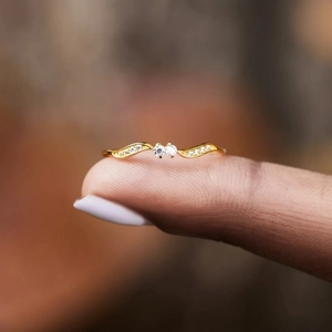 Elegant gold S925 sterling silver wave ring with double stones and micro-pave accents