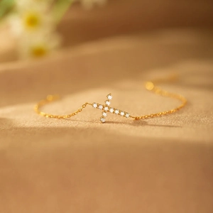 Dainty S925 Sterling Silver Cross Bracelet For Women Minimalist Adjustable Extension Chain Rhinestone Inlaid Fashion Jewelry