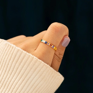 Minimalist S925 sterling silver ring with square rainbow birthstones in gold finish