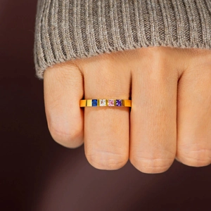 S925 sterling silver gold-plated ring with four colorful square-cut birthstones