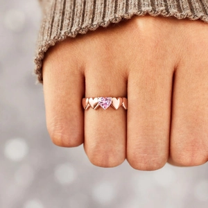 Bague élégante en argent S925 or rose avec cœurs reliés et pierre rose en forme de cœur