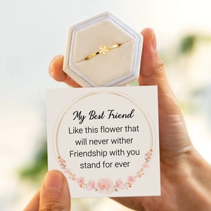 Golden flower ring in a velvet box with a friendship message card gift set