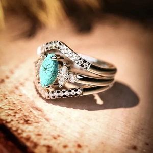 925 Sterling Silver Artificial Turquoise Rings For Women Bohemian Stackable Rhinestone Chevron Finger Rings Jewelry